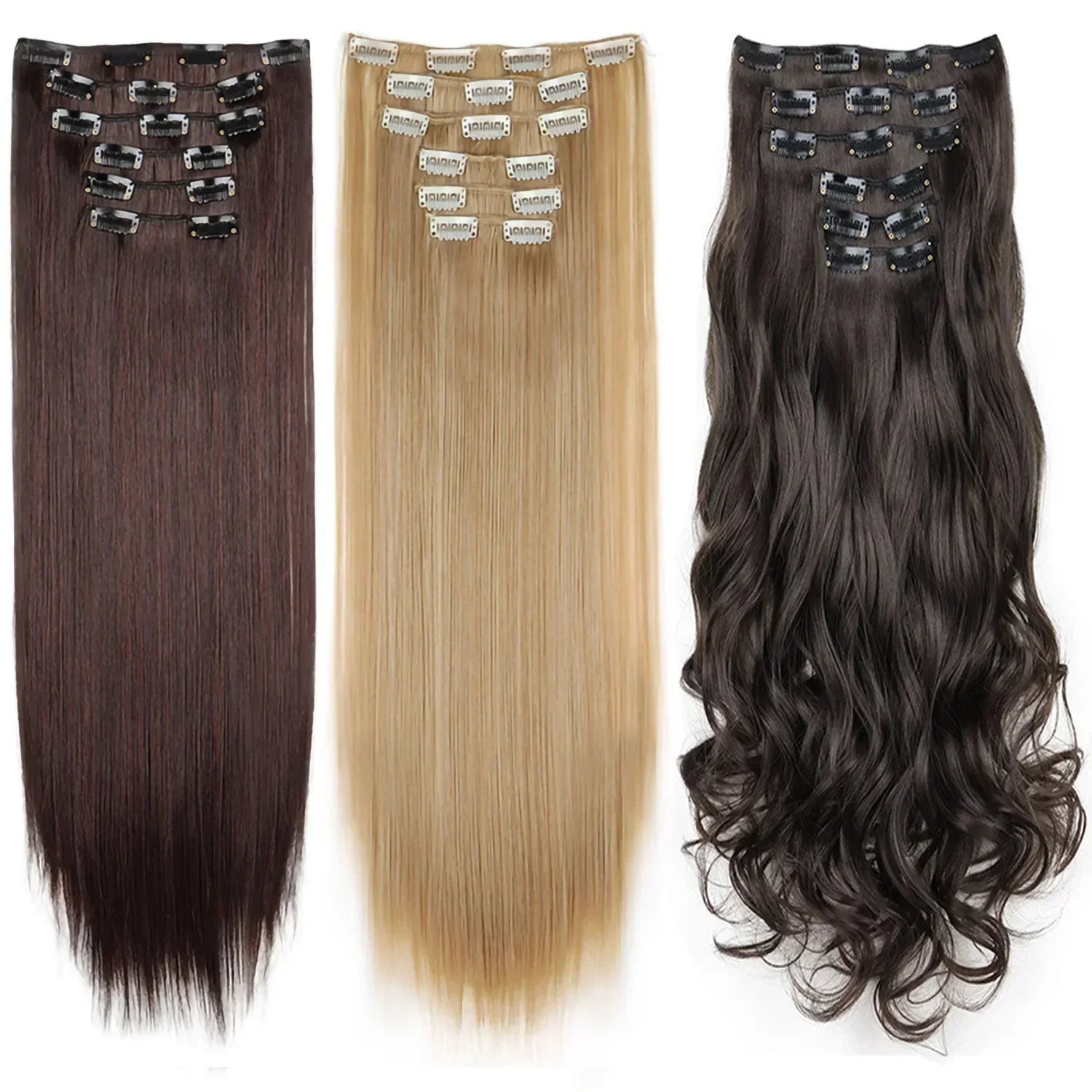 Black Hair Extensions 24"/60cm 6pcs/set Women Long Straight Synthetic Full Head Clip 16 Clips
