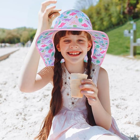 Girls Sun Hat for Kids UV Protection Unicorn Summer Hat Beach Play Hats Wide Brim Neck Flap for Girls Ponytail Hat 2-9 Years