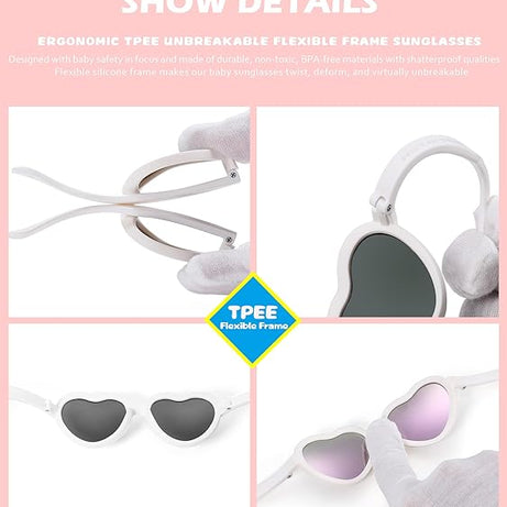 Flexible Heart Shaped Baby Polarized Sunglasses with Strap Adjustable Toddler & Infant Age 0-24 Months
