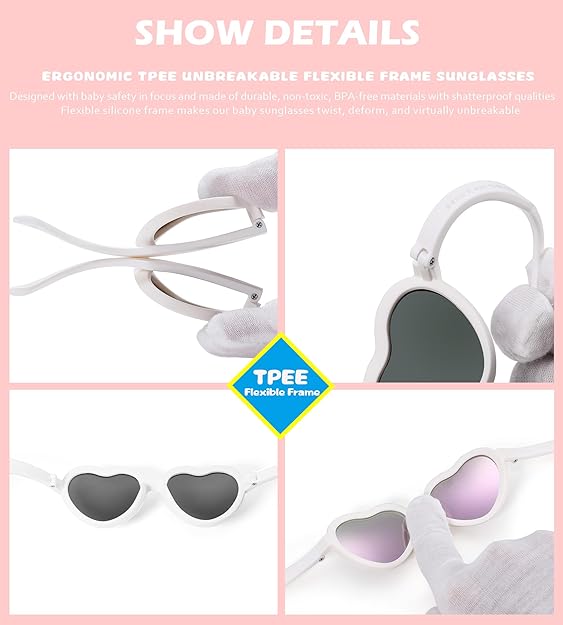 Flexible Heart Shaped Baby Polarized Sunglasses with Strap Adjustable Toddler & Infant Age 0-24 Months