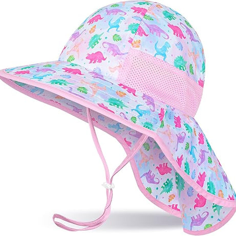Girls Sun Hat for Kids UV Protection Unicorn Summer Hat Beach Play Hats Wide Brim Neck Flap for Girls Ponytail Hat 2-9 Years