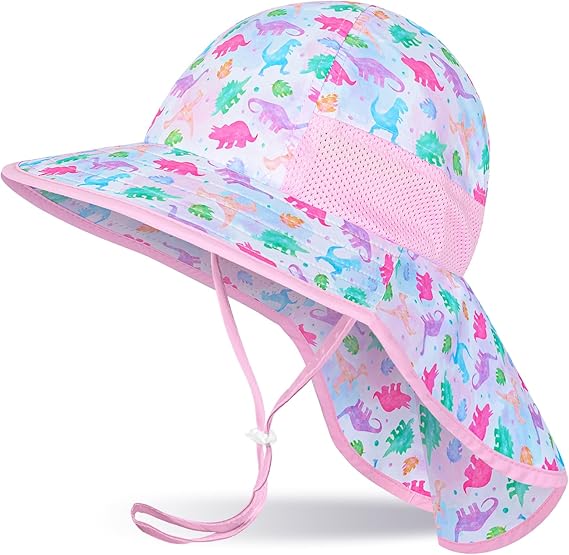 Girls Sun Hat for Kids UV Protection Unicorn Summer Hat Beach Play Hats Wide Brim Neck Flap for Girls Ponytail Hat 2-9 Years