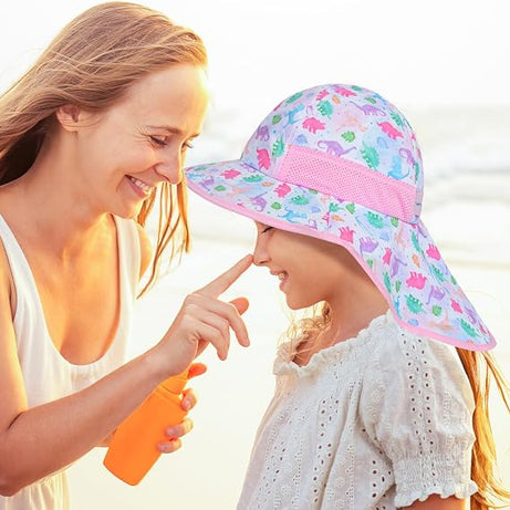 Girls Sun Hat for Kids UV Protection Unicorn Summer Hat Beach Play Hats Wide Brim Neck Flap for Girls Ponytail Hat 2-9 Years