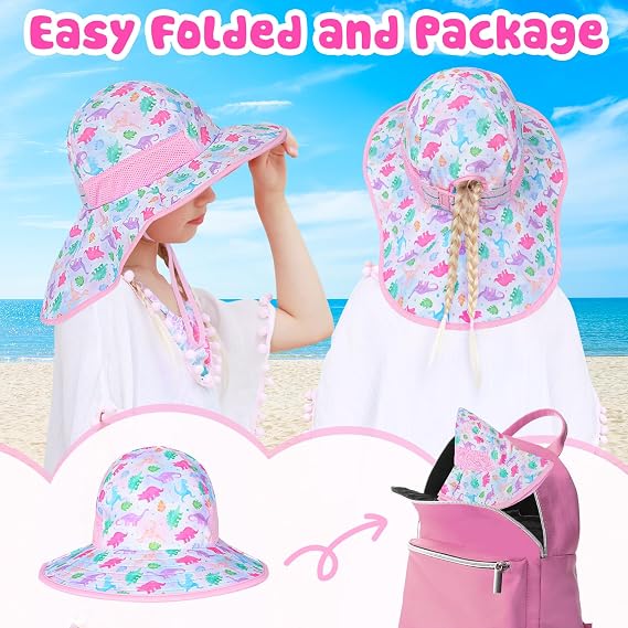 Girls Sun Hat for Kids UV Protection Unicorn Summer Hat Beach Play Hats Wide Brim Neck Flap for Girls Ponytail Hat 2-9 Years