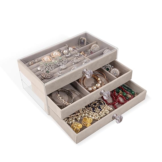 Acrylic 3-Drawer Velvet Jewellery Ongnizer Box – Multi-Functional Storage Trays for Earrings, Rings, Bracelets, Pendants & Watches