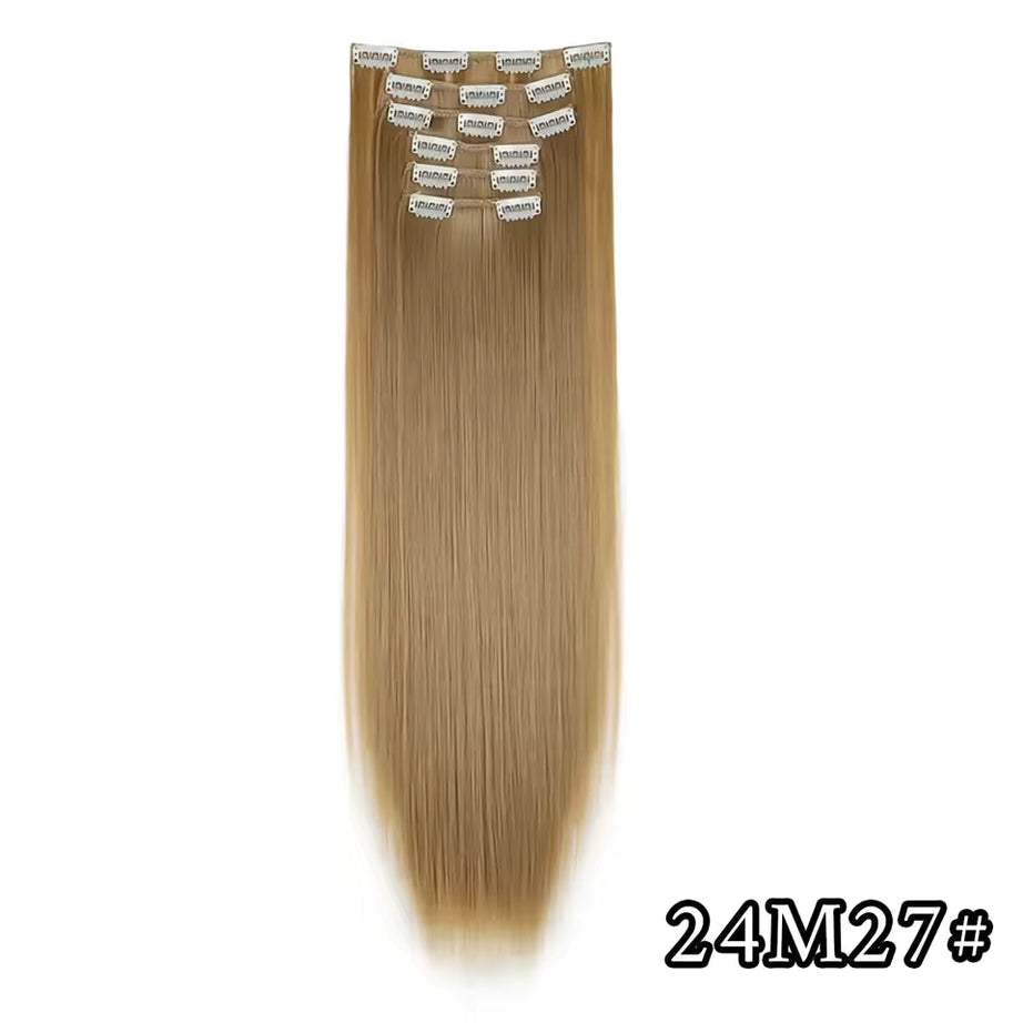 Black Hair Extensions 24"/60cm 6pcs/set Women Long Straight Synthetic Full Head Clip 16 Clips