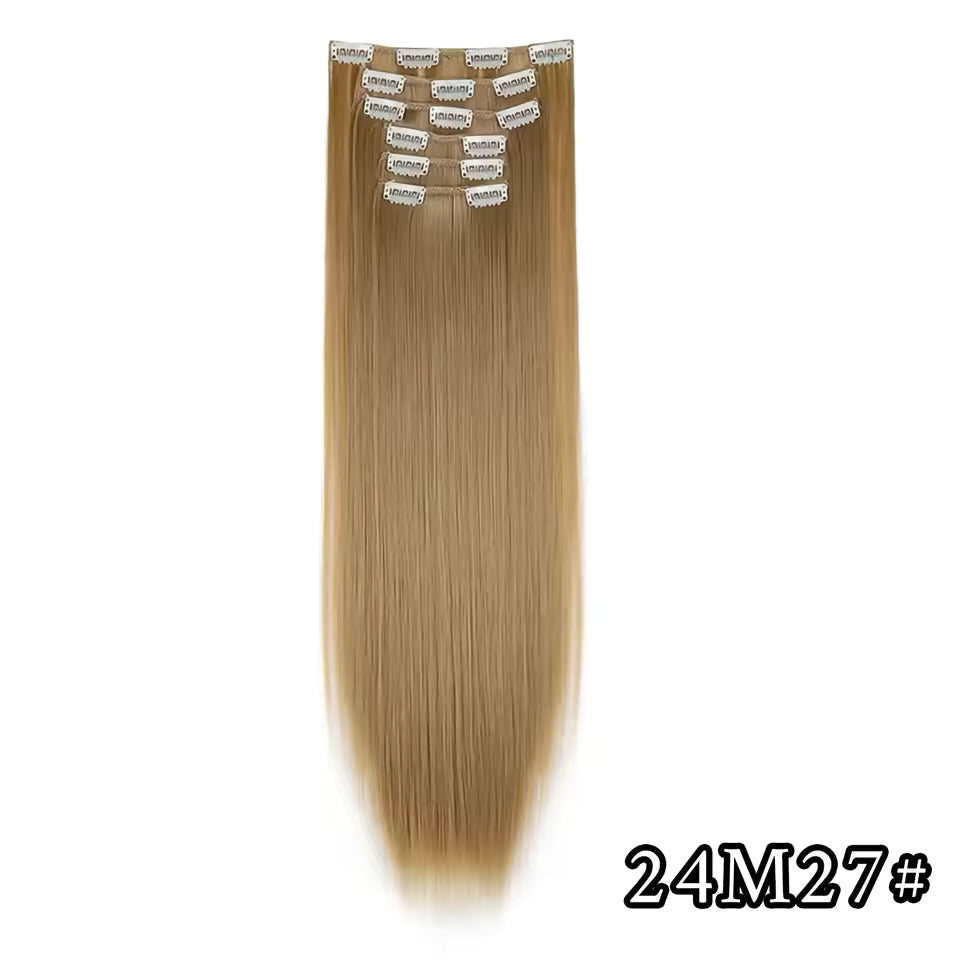 Black Hair Extensions 24"/60cm 6pcs/set Women Long Straight Synthetic Full Head Clip 16 Clips
