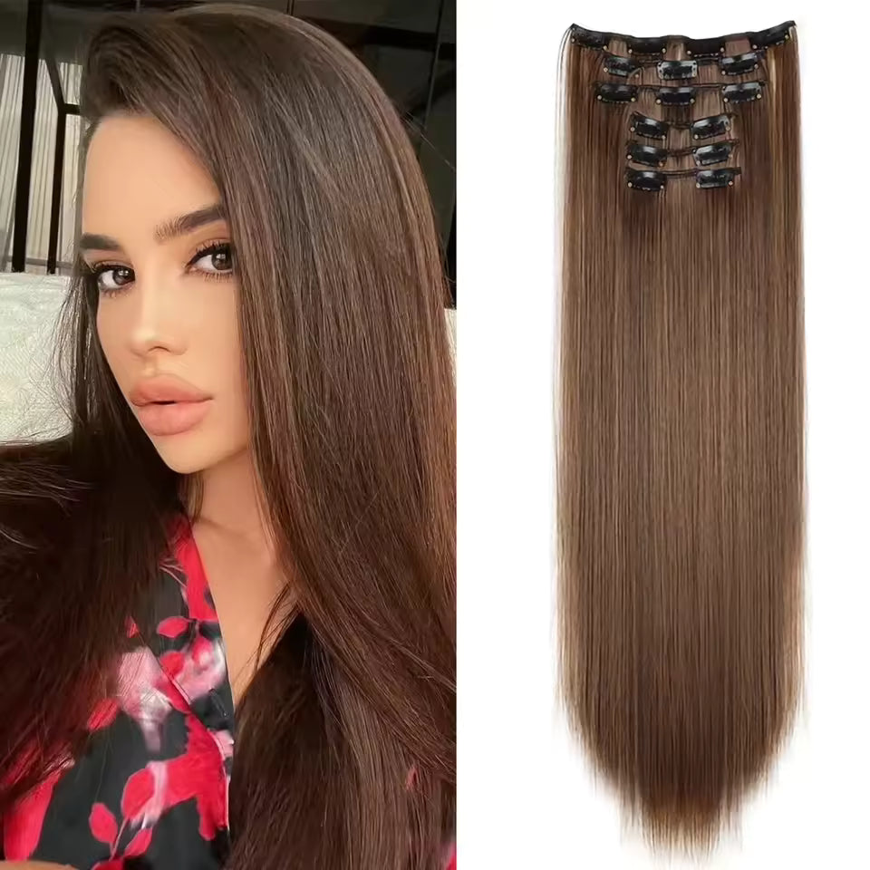 Black Hair Extensions 24"/60cm 6pcs/set Women Long Straight Synthetic Full Head Clip 16 Clips