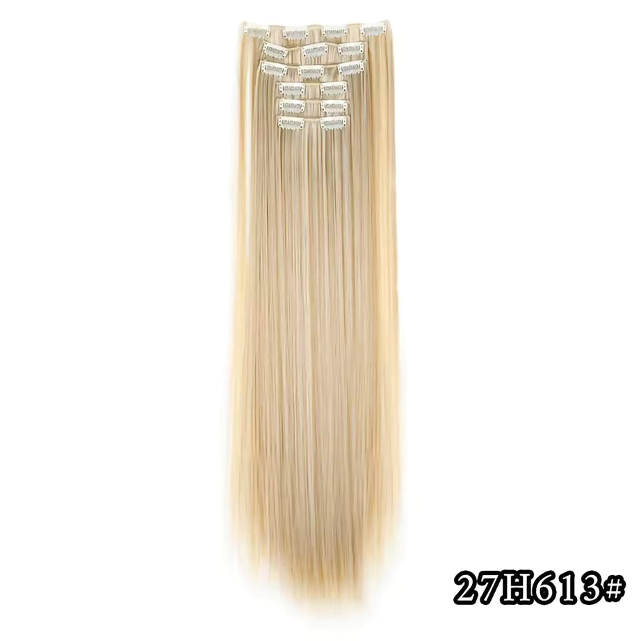 Black Hair Extensions 24"/60cm 6pcs/set Women Long Straight Synthetic Full Head Clip 16 Clips