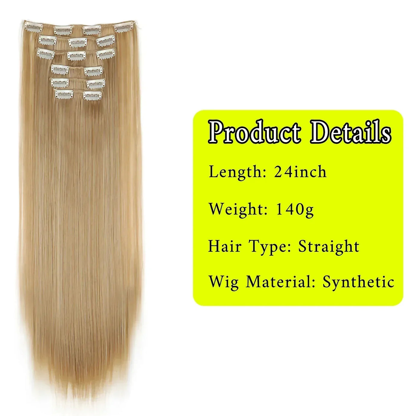 Black Hair Extensions 24"/60cm 6pcs/set Women Long Straight Synthetic Full Head Clip 16 Clips