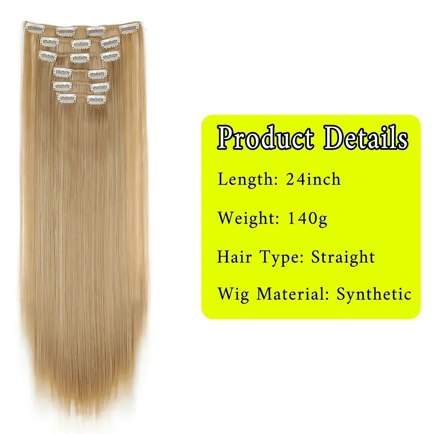 Black Hair Extensions 24"/60cm 6pcs/set Women Long Straight Synthetic Full Head Clip 16 Clips