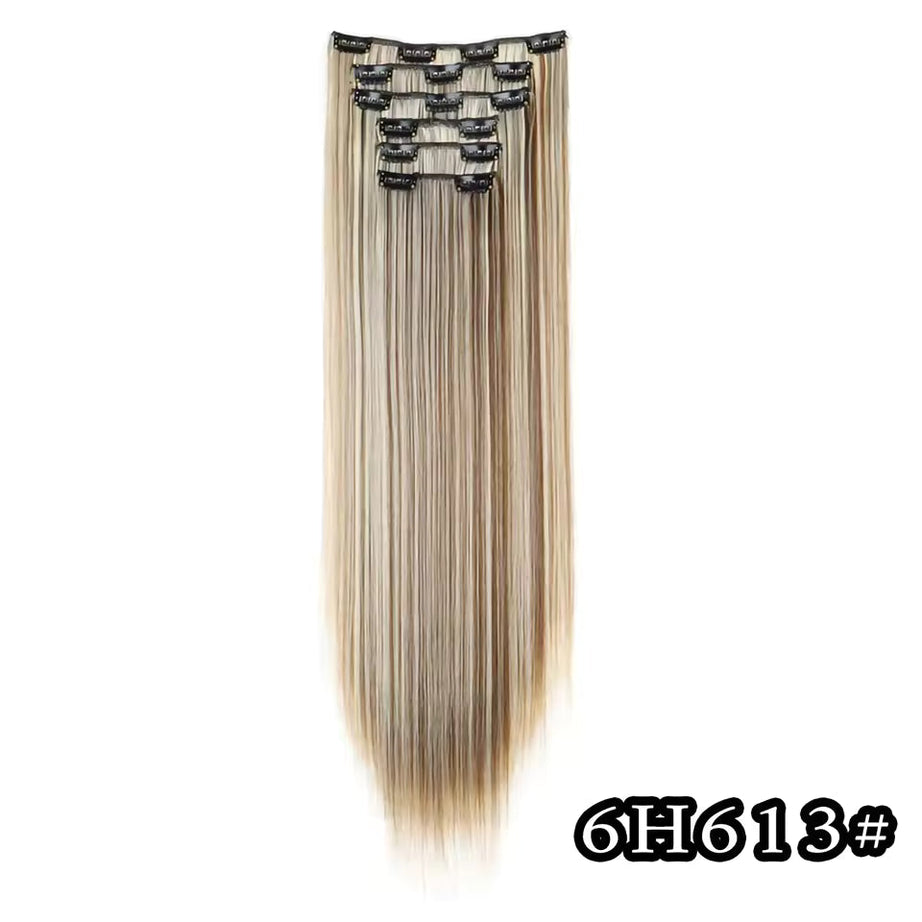 Black Hair Extensions 24"/60cm 6pcs/set Women Long Straight Synthetic Full Head Clip 16 Clips