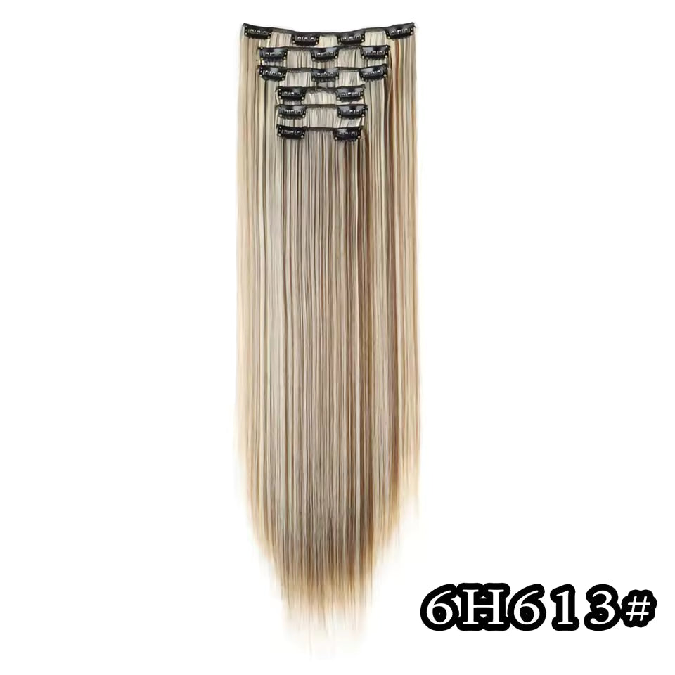 Black Hair Extensions 24"/60cm 6pcs/set Women Long Straight Synthetic Full Head Clip 16 Clips