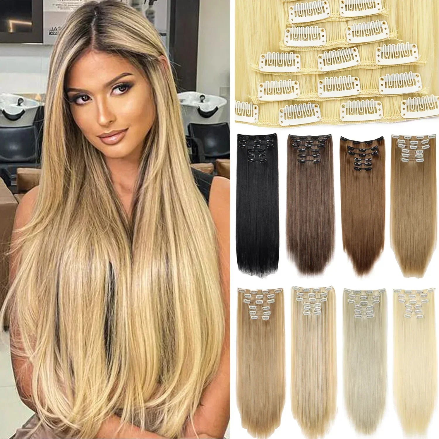 Black Hair Extensions 24"/60cm 6pcs/set Women Long Straight Synthetic Full Head Clip 16 Clips