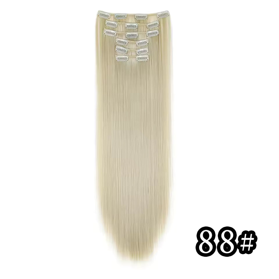 Black Hair Extensions 24"/60cm 6pcs/set Women Long Straight Synthetic Full Head Clip 16 Clips