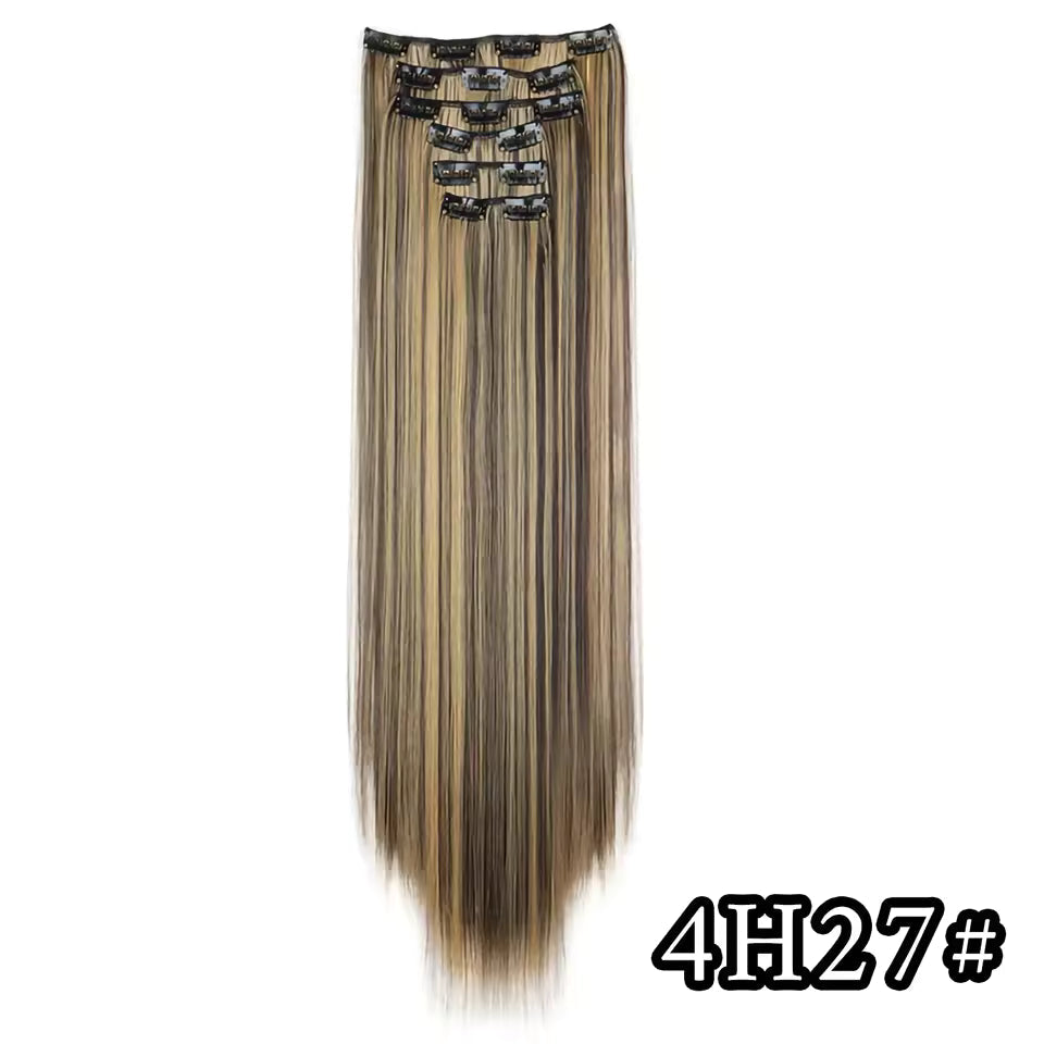 Black Hair Extensions 24"/60cm 6pcs/set Women Long Straight Synthetic Full Head Clip 16 Clips