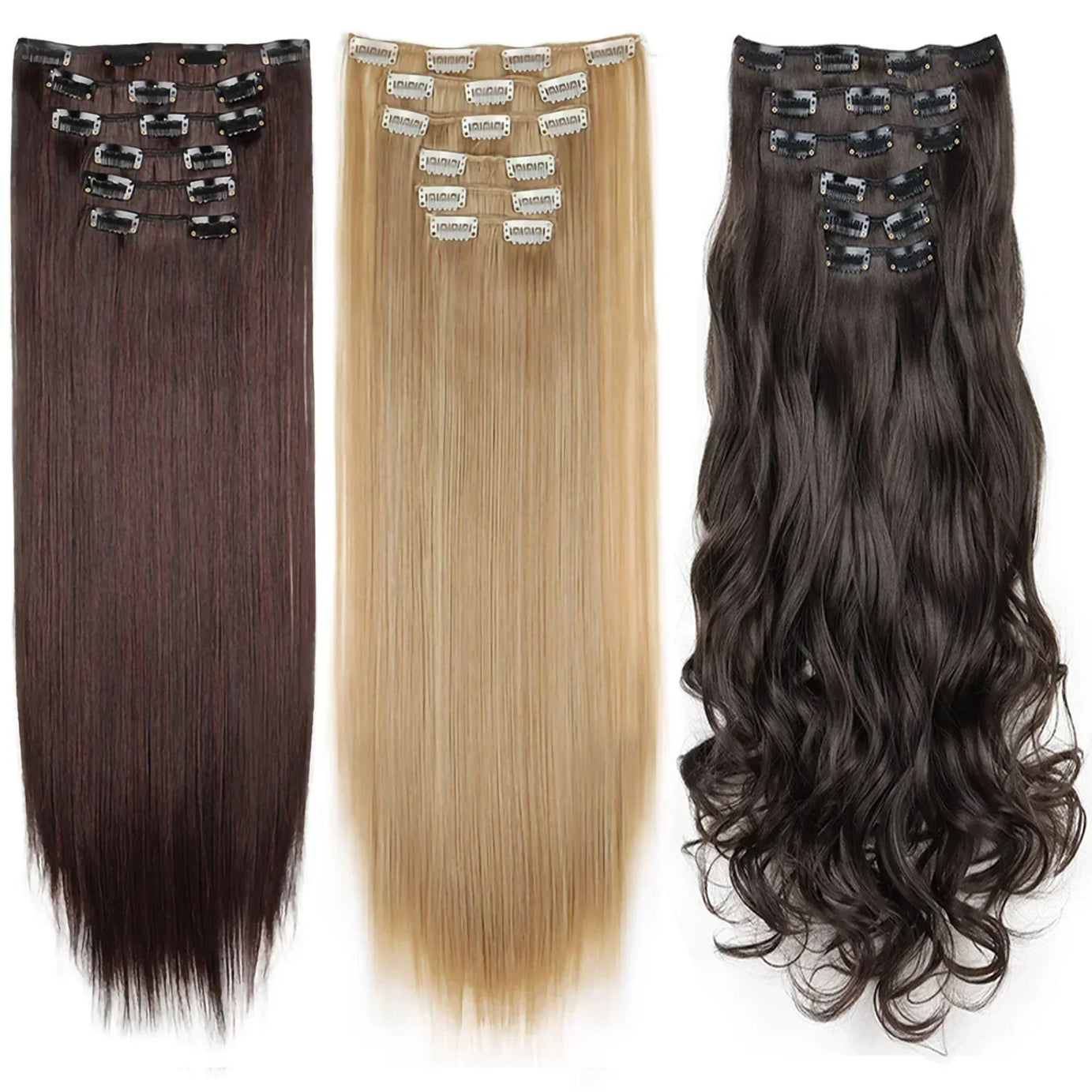 Black Hair Extensions 24"/60cm 6pcs/set Women Long Straight Synthetic Full Head Clip 16 Clips