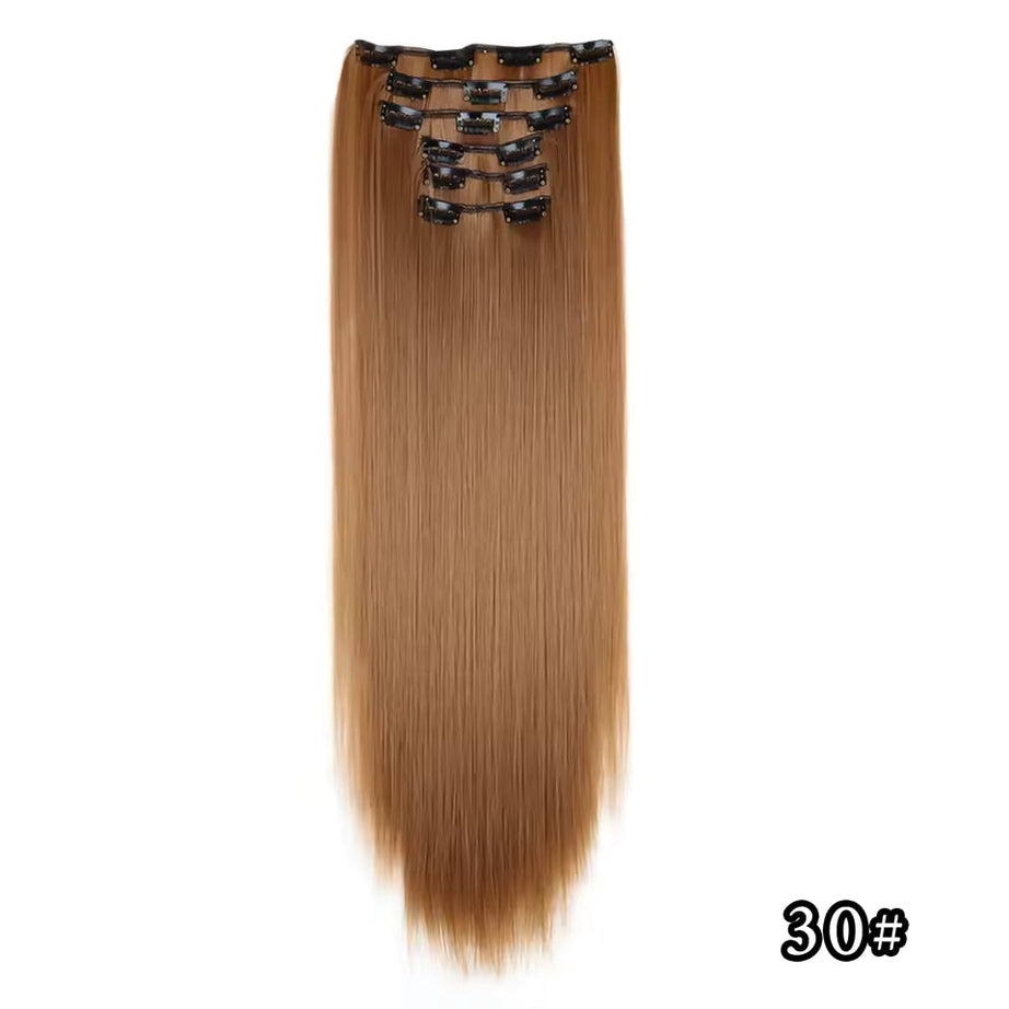 Black Hair Extensions 24"/60cm 6pcs/set Women Long Straight Synthetic Full Head Clip 16 Clips