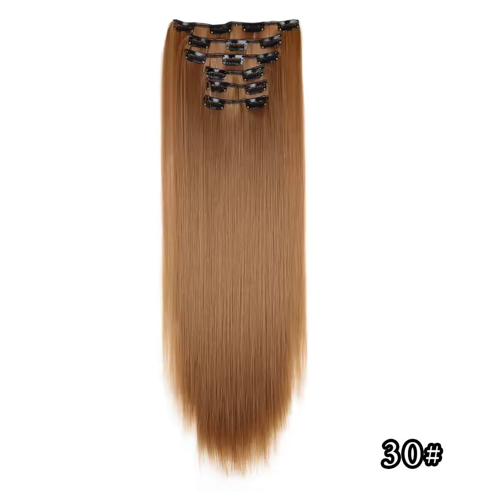 Black Hair Extensions 24"/60cm 6pcs/set Women Long Straight Synthetic Full Head Clip 16 Clips